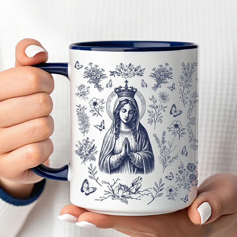 Personalized Catholic Virgin Mary Vintage Floral Butterfly Ceramic Mug with Name Our Lady Coffee Cup Catholic Marian Mug