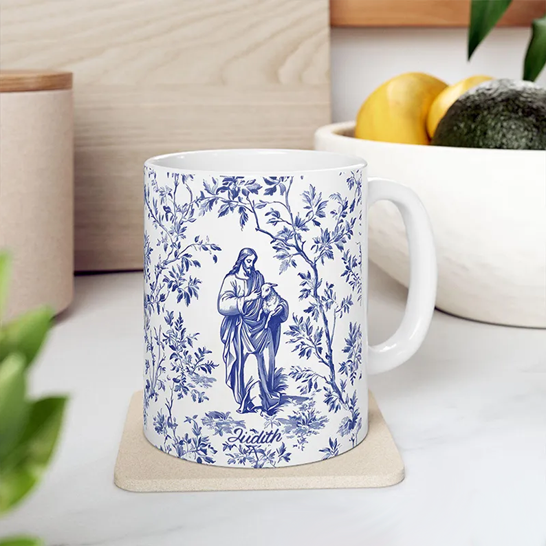 Personalized Catholic Virgin Mary Vintage Floral Butterfly Ceramic Mug with Name Our Lady Coffee Cup Catholic Marian Mug