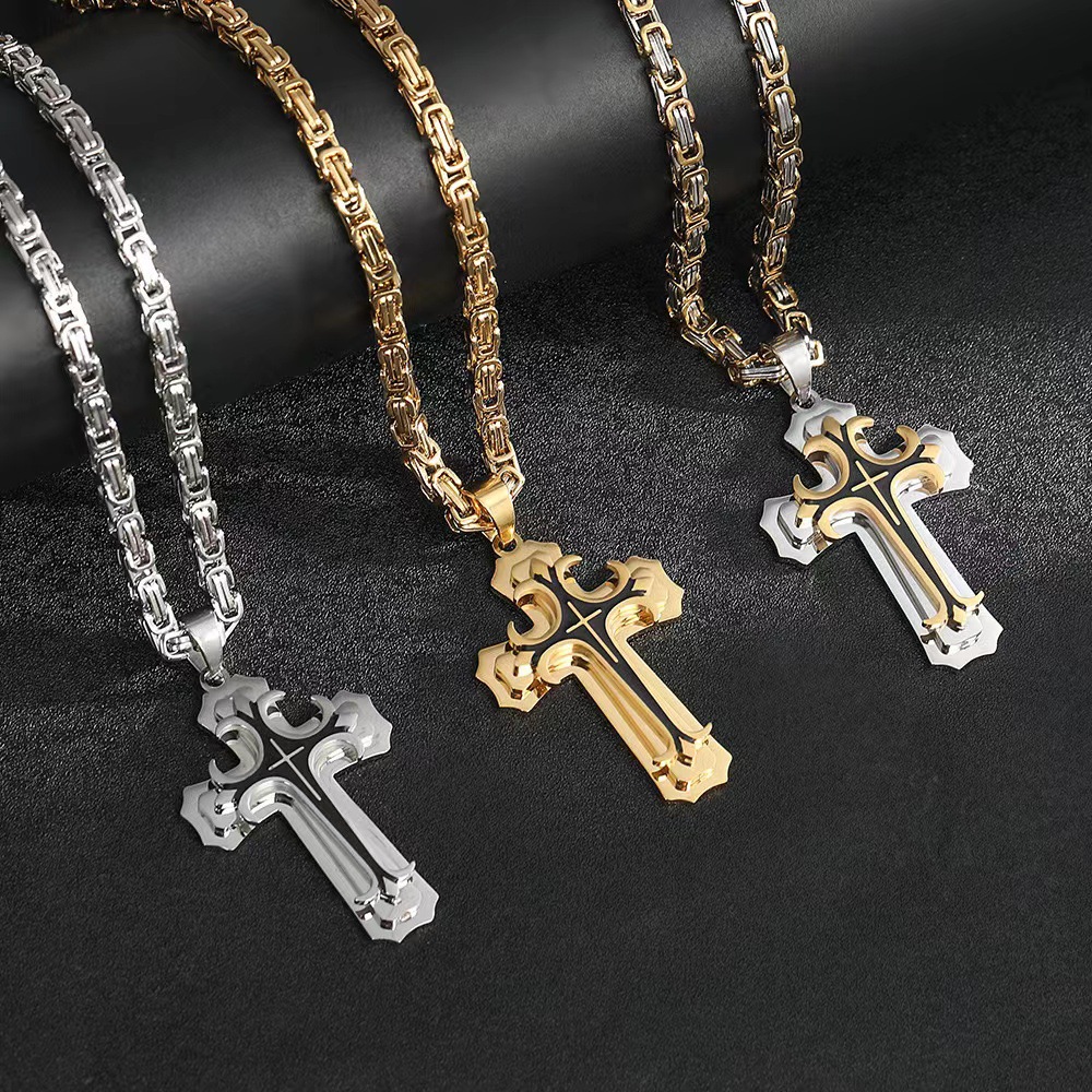 Titanium steel pattern three-layer cross pendant necklace
