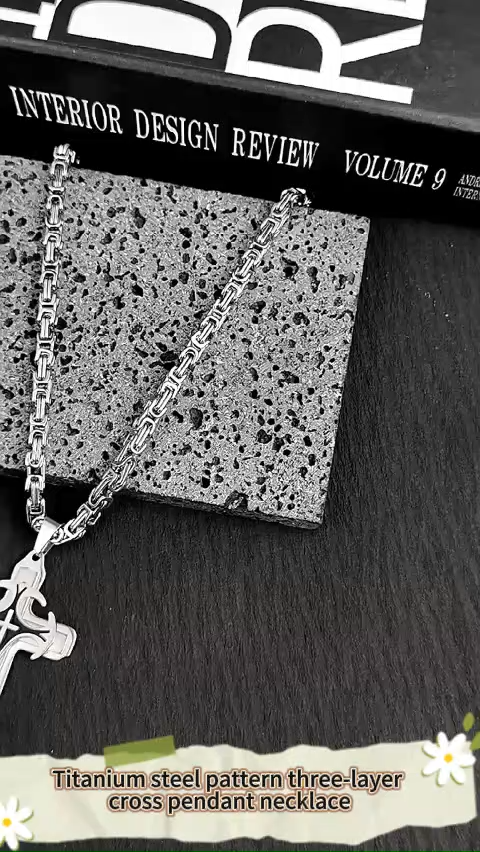 Titanium steel pattern three-layer cross pendant necklace