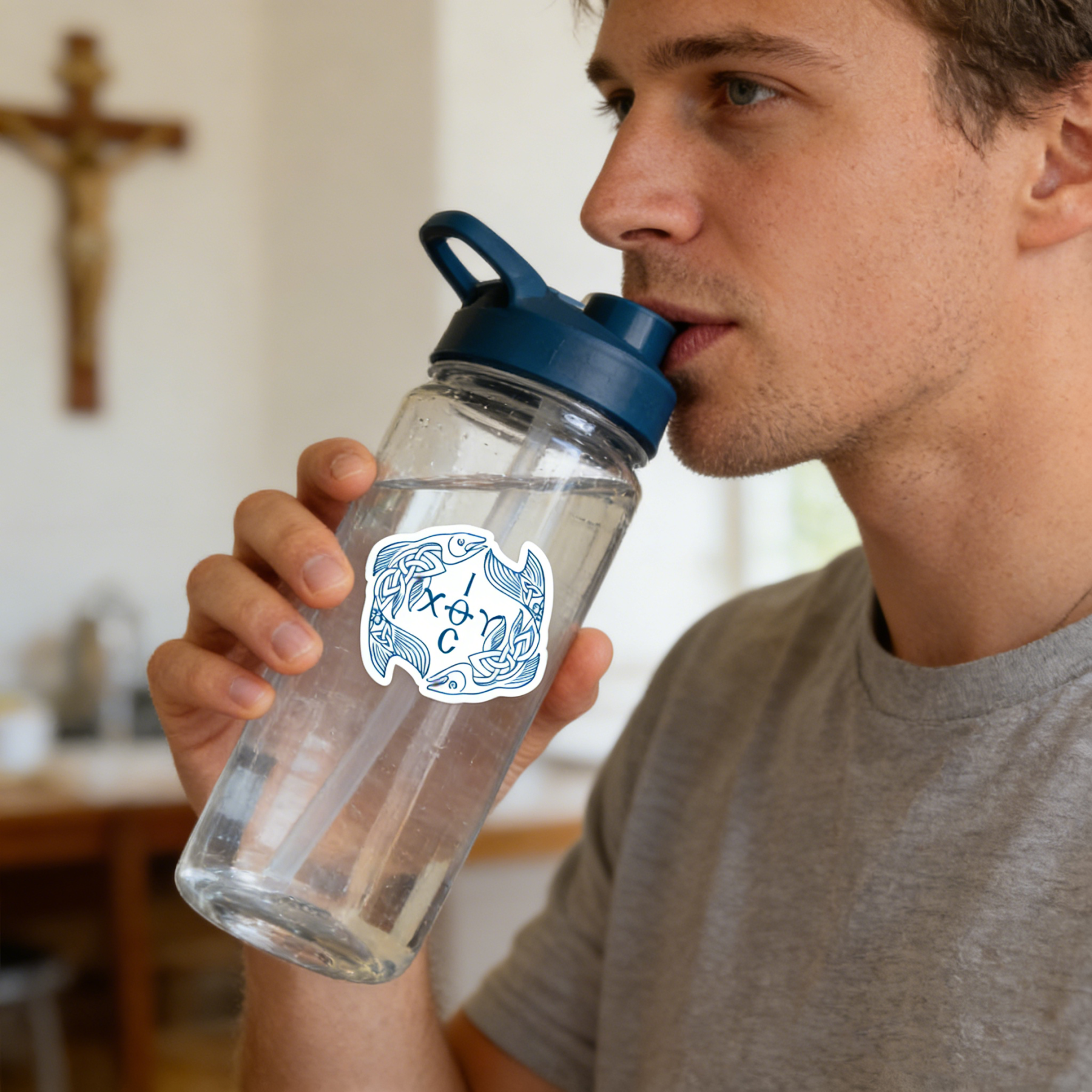 Blue Ichthys Ιχθυς Jesus Christ Son of God Saviour Sticker