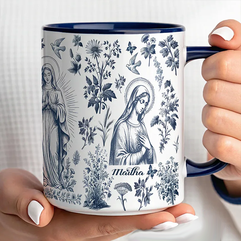 Personalized Catholic Virgin Mary Vintage Floral Butterfly Ceramic Mug with Name Our Lady Coffee Cup Catholic Marian Mug