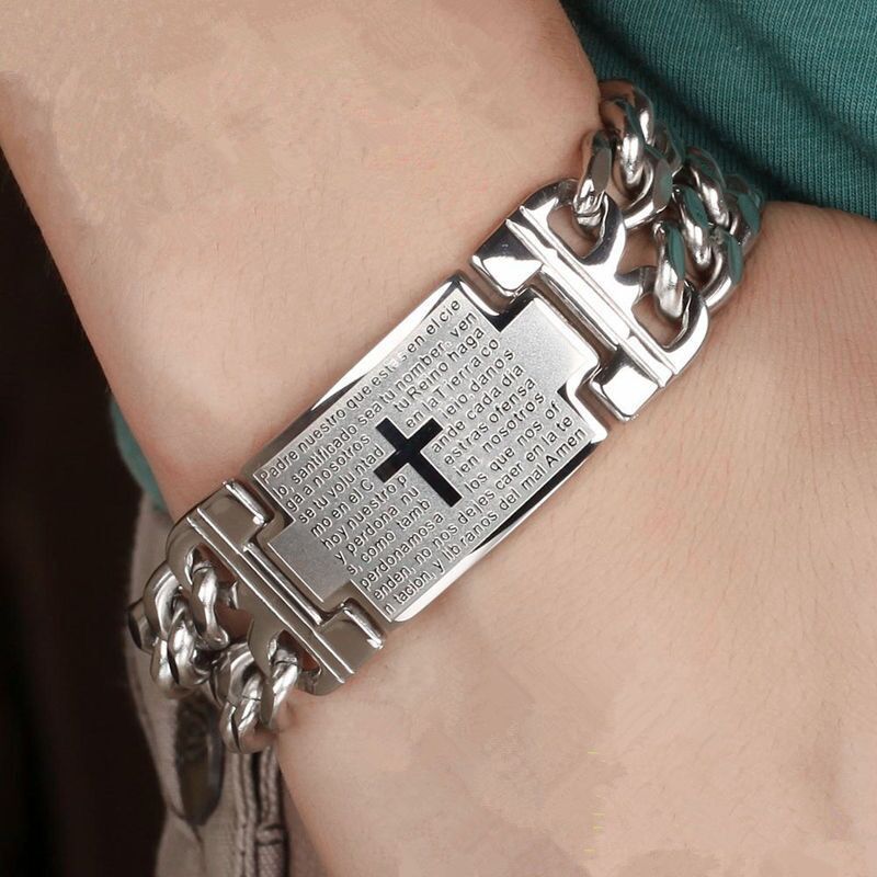 Punk Men's Cross Double Row Silver Denim Chain Bracelet