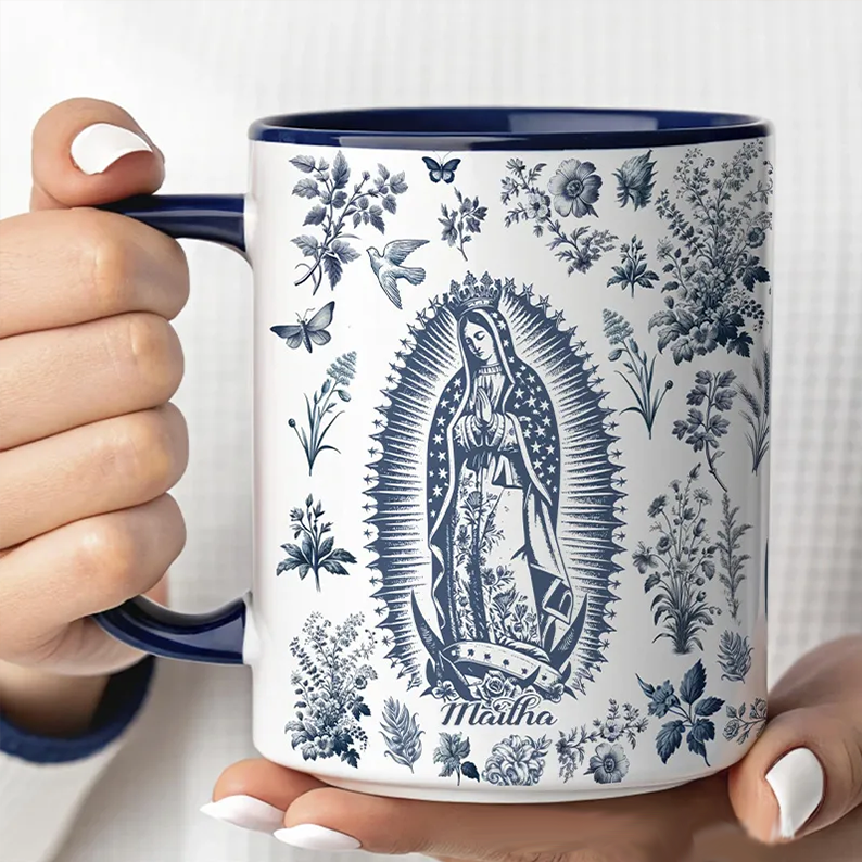 Personalized Catholic Virgin Mary Vintage Floral Butterfly Ceramic Mug with Name Our Lady Coffee Cup Catholic Marian Mug