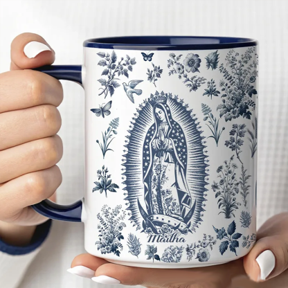 Personalized Catholic Virgin Mary Vintage Floral Butterfly Ceramic Mug with Name Our Lady Coffee Cup Catholic Marian Mug