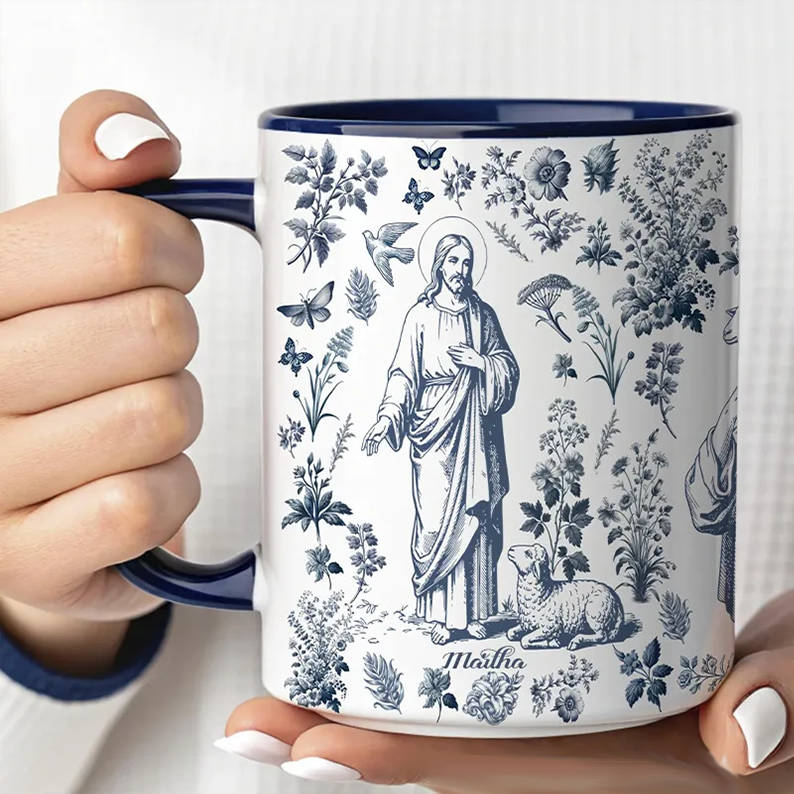 Personalized Catholic Virgin Mary Vintage Floral Butterfly Ceramic Mug with Name Our Lady Coffee Cup Catholic Marian Mug