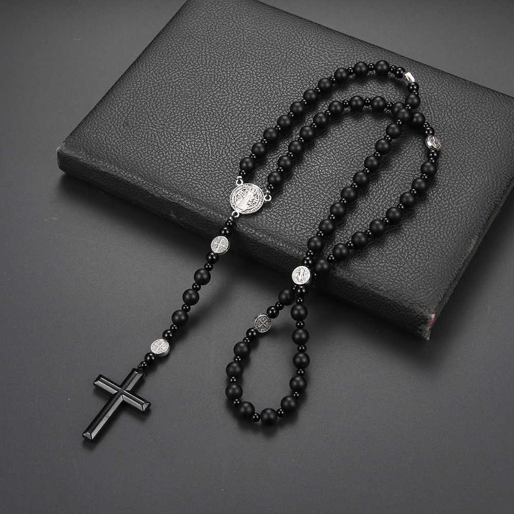 Black volcanic rock hematite cross rosary necklace