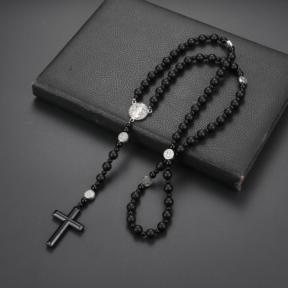 Black volcanic rock hematite cross rosary necklace