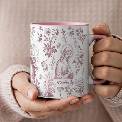 Personalized Catholic Virgin Mary Vintage Floral Butterfly Ceramic Mug with Name Our Lady Coffee Cup Catholic Marian Mug