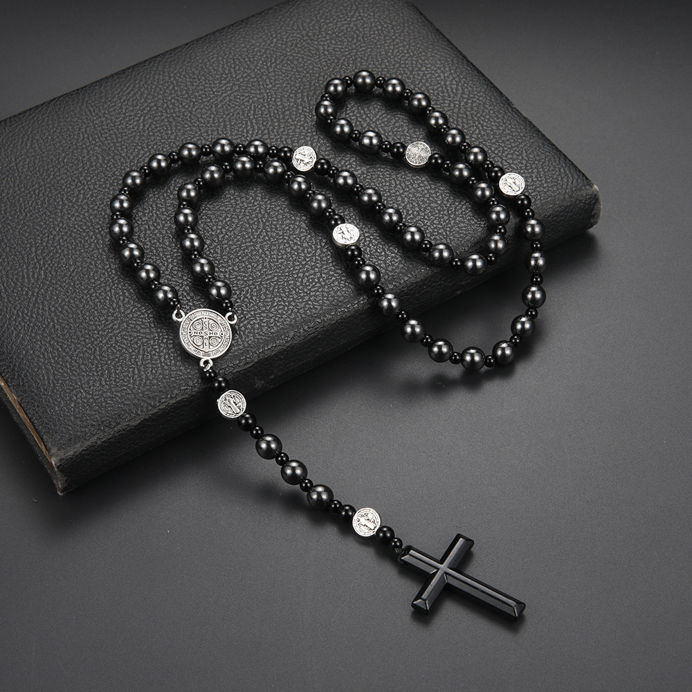 Black volcanic rock hematite cross rosary necklace