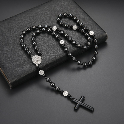 Black volcanic rock hematite cross rosary necklace