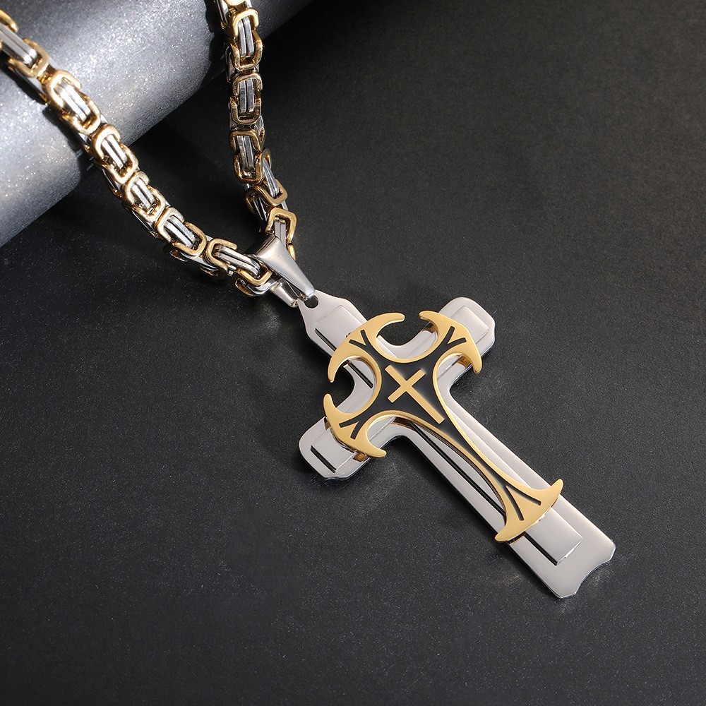 Titanium steel pattern three-layer cross pendant necklace