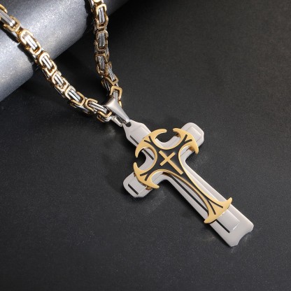 Titanium steel pattern three-layer cross pendant necklace