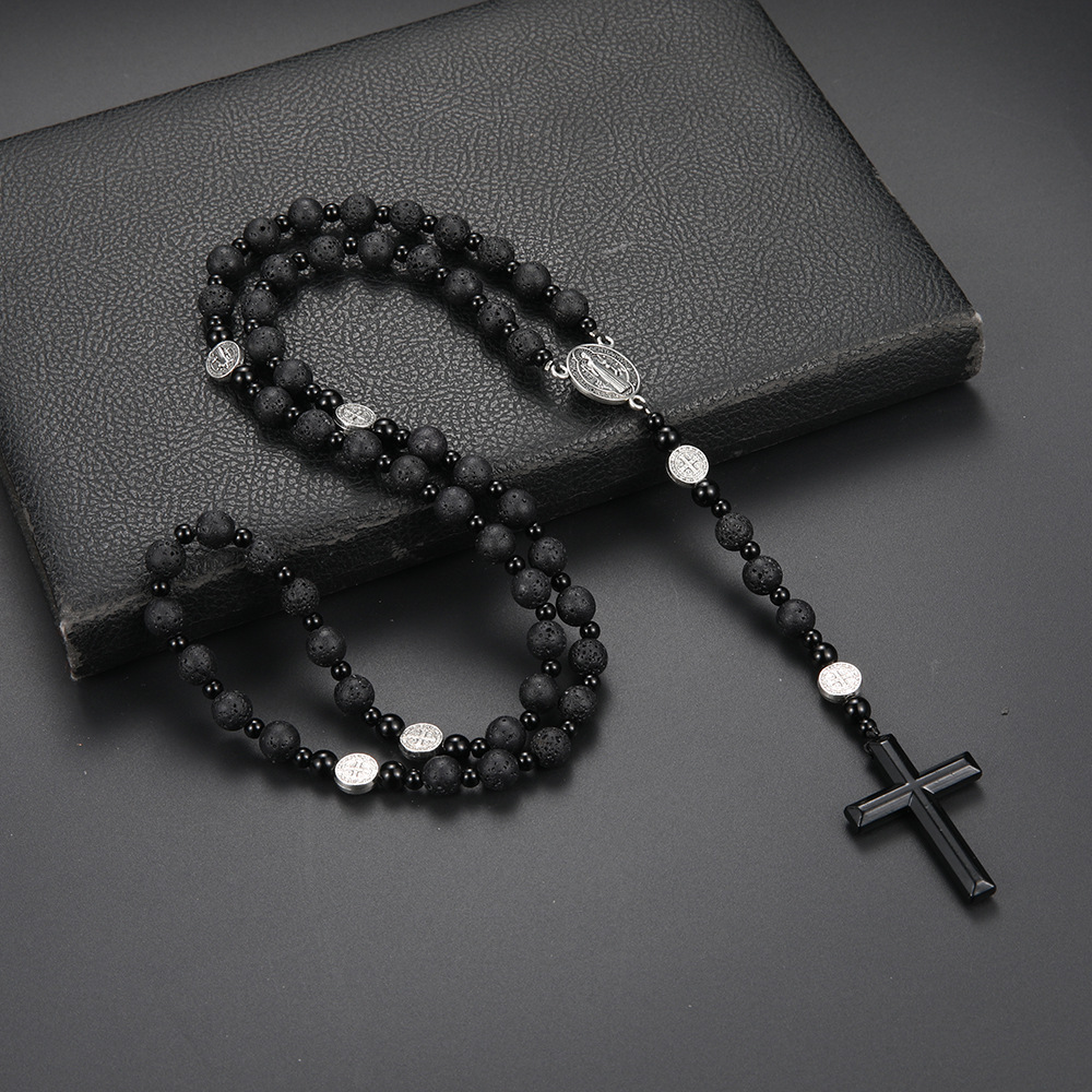 Black volcanic rock hematite cross rosary necklace