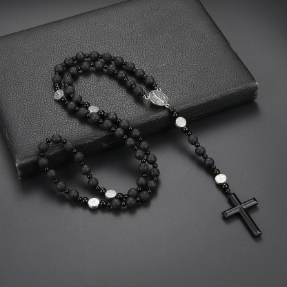 Black volcanic rock hematite cross rosary necklace