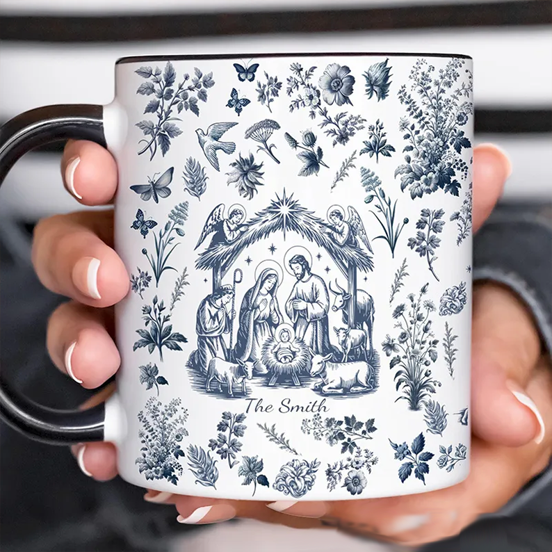 Personalized Catholic Virgin Mary Vintage Floral Butterfly Ceramic Mug with Name Our Lady Coffee Cup Catholic Marian Mug