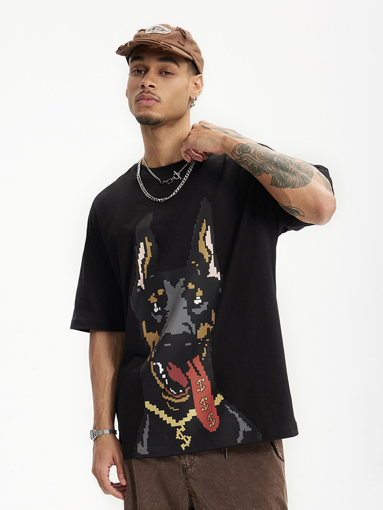 Luminous Doberman Print Street Loose Short Sleeve T-Shirt