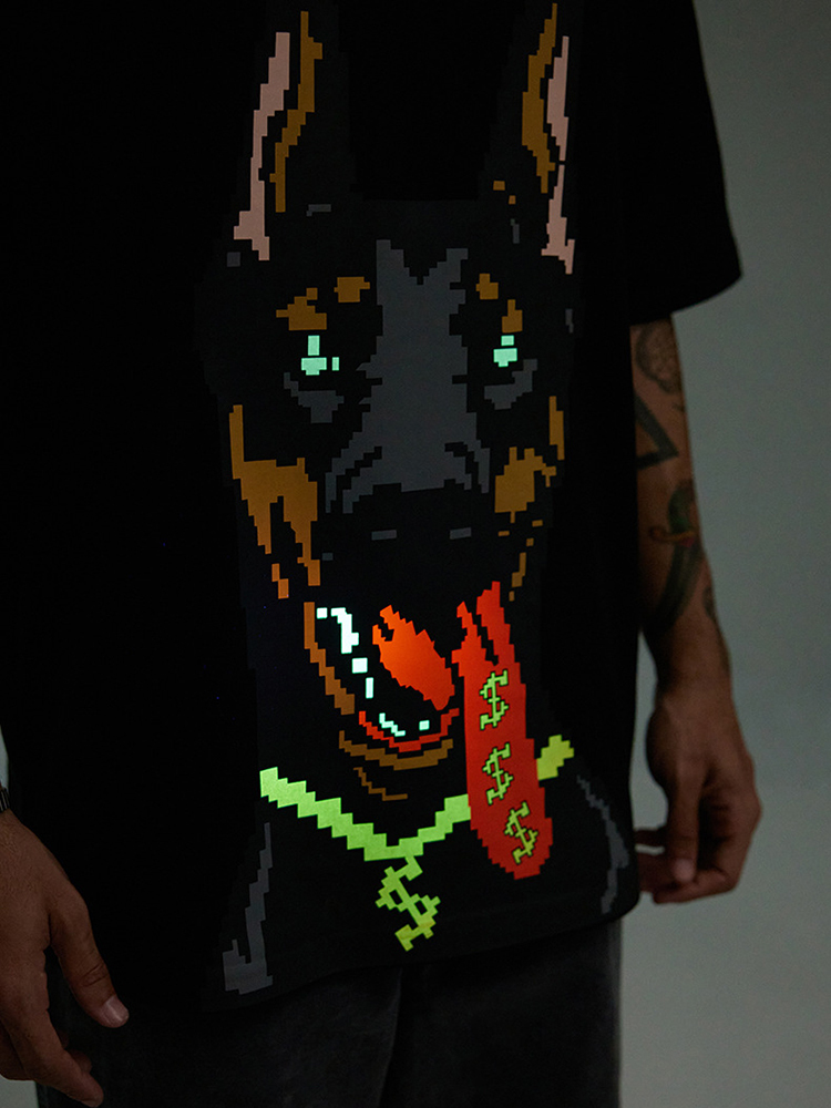Luminous Doberman Print Street Loose Short Sleeve T-Shirt