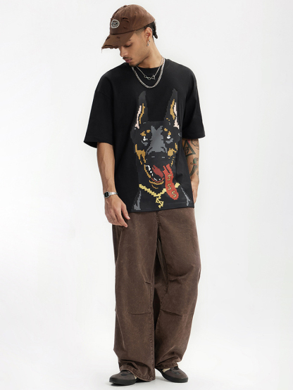 Luminous Doberman Print Street Loose Short Sleeve T-Shirt
