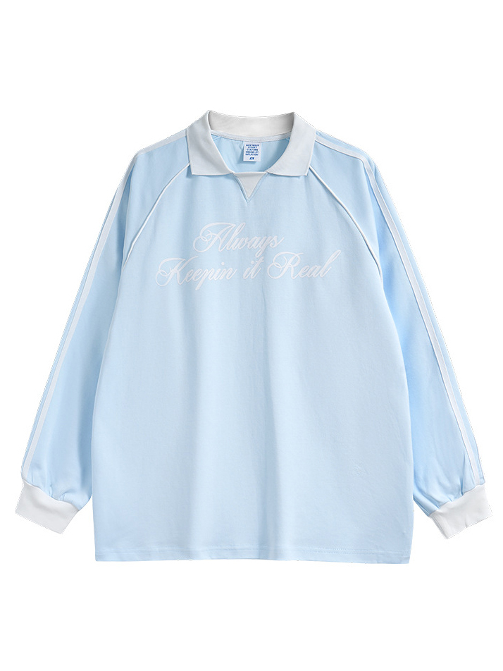 Lapel long-sleeved retro sports style T-shirt