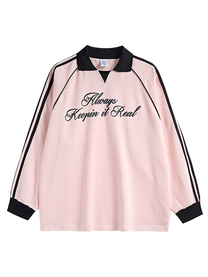 Lapel long-sleeved retro sports style T-shirt