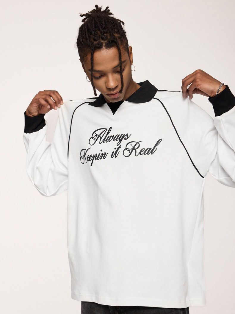 Lapel long-sleeved retro sports style T-shirt
