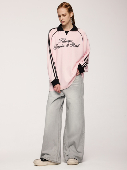 Lapel long-sleeved retro sports style T-shirt