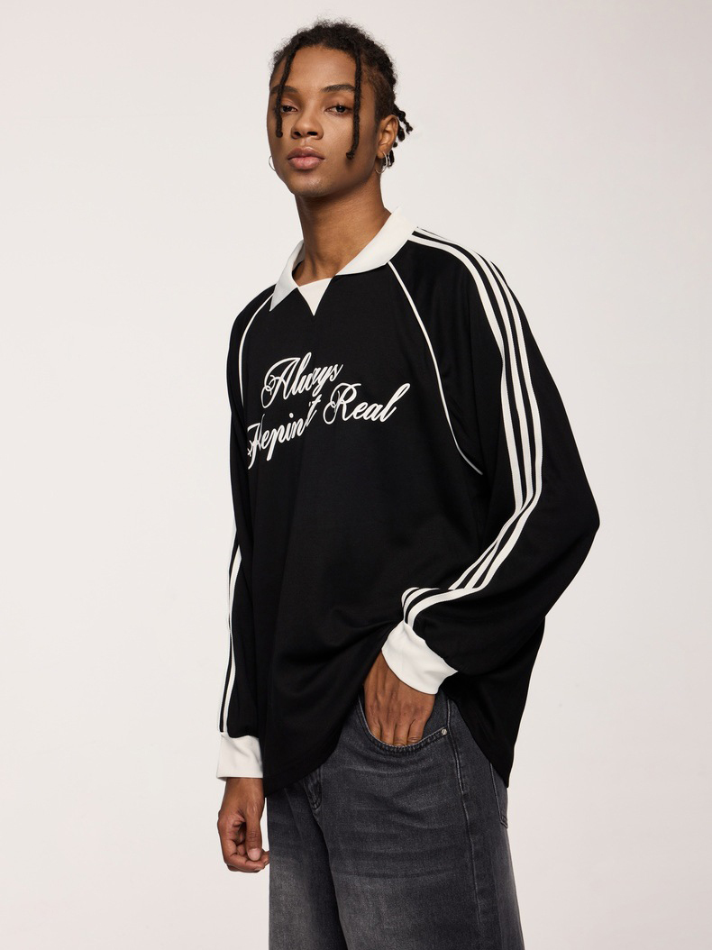 Lapel long-sleeved retro sports style T-shirt