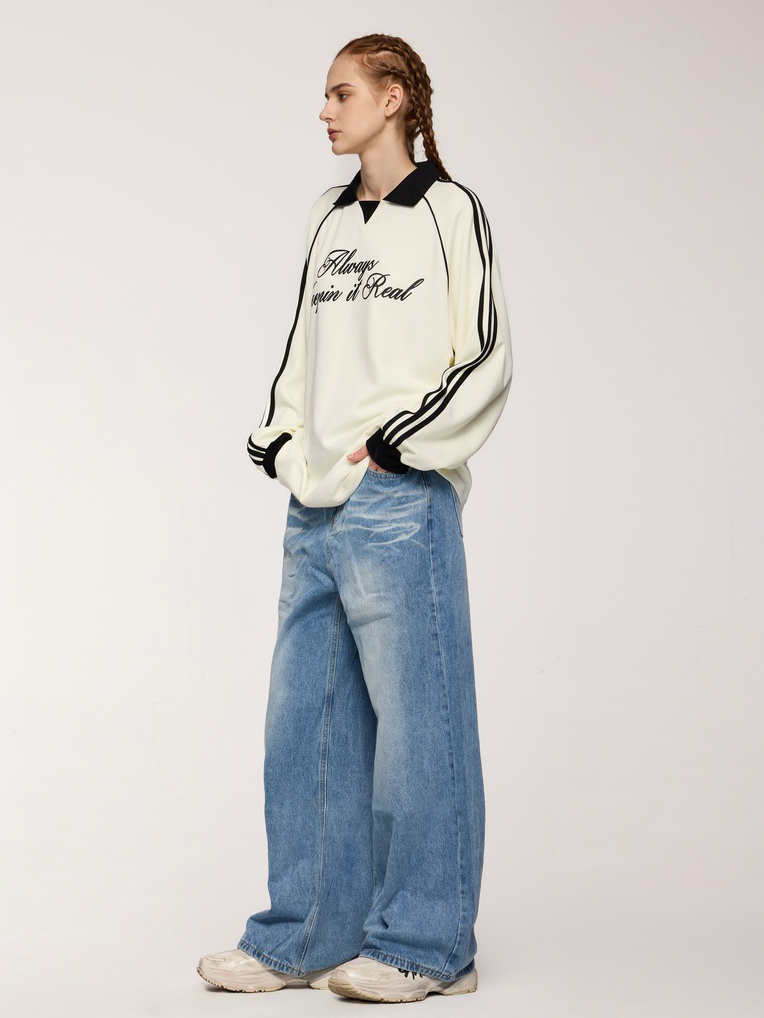 Lapel long-sleeved retro sports style T-shirt