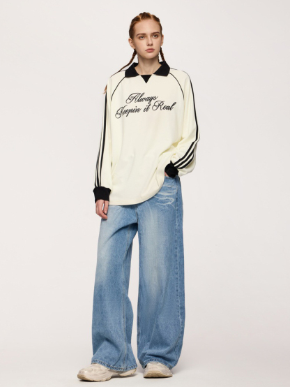 Lapel long-sleeved retro sports style T-shirt