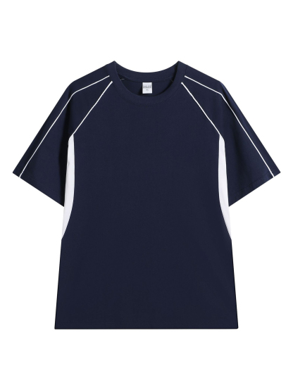 Color Block Crew Neck Heavyweight Cotton Relaxed Fit T-shirt  With Geometric Detailing