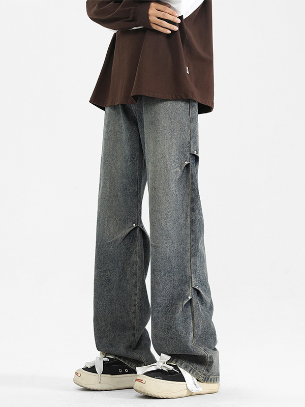 Rivet pleated design loose and versatile straight jeans