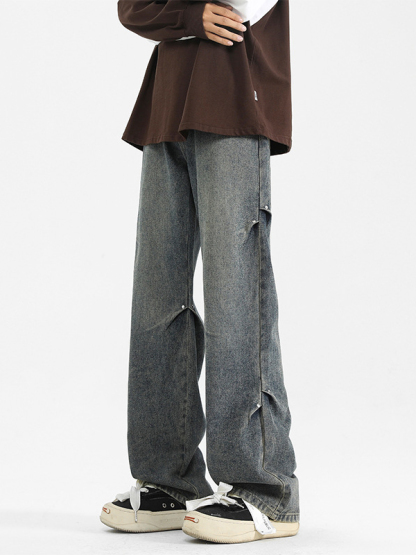 Rivet pleated design loose and versatile straight jeans