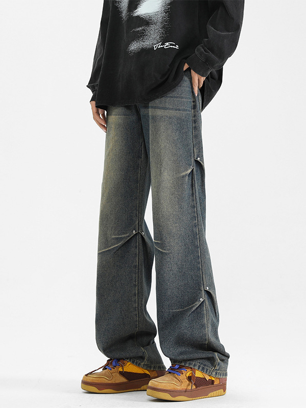 Rivet pleated design loose and versatile straight jeans
