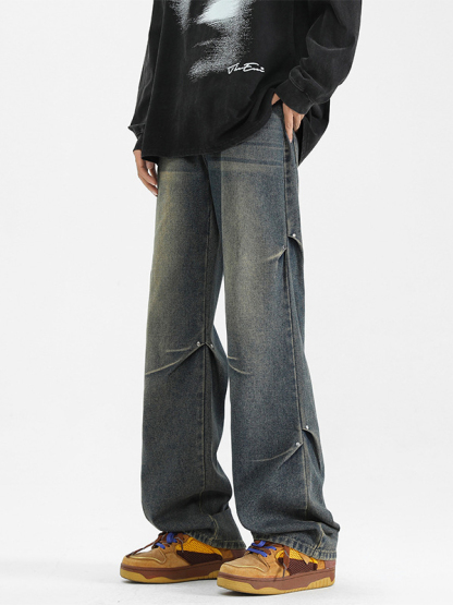 Rivet pleated design loose and versatile straight jeans