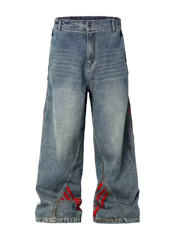 Relaxed Straight-Leg Pants with Distressed Striped Panels