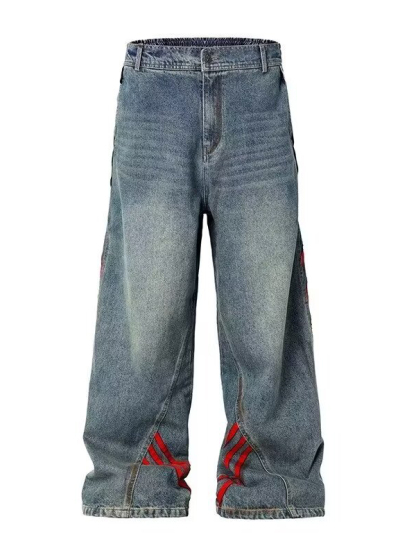 Relaxed Straight-Leg Pants with Distressed Striped Panels