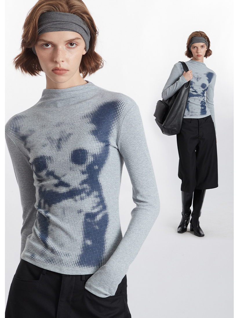 Checkerboard Cat Print Top Women's Long Sleeve Slim Bottoming Round Neck T-Shirt