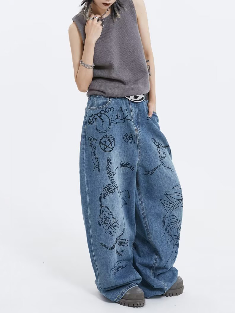 Retro Streetwear High-Waisted Graffiti Jeans Relaxed Fit Wide-Leg Denim Pants