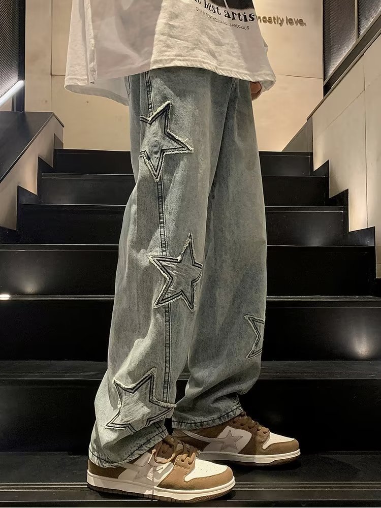 Star-Patch Straight-Leg Denim Jeans Relaxed Wide-Leg Pants