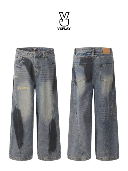 Deconstructed Scythe-Hem Jeans with Spray-Painted Panels & Asymmetric Detailing