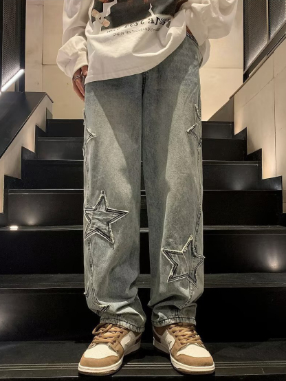 Star-Patch Straight-Leg Denim Jeans Relaxed Wide-Leg Pants