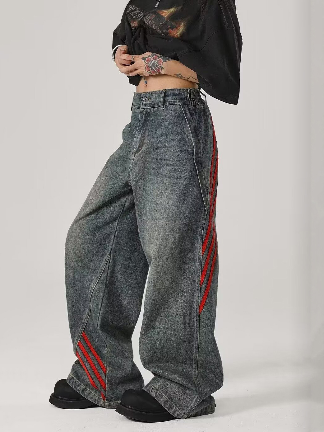 Relaxed Straight-Leg Pants with Distressed Striped Panels