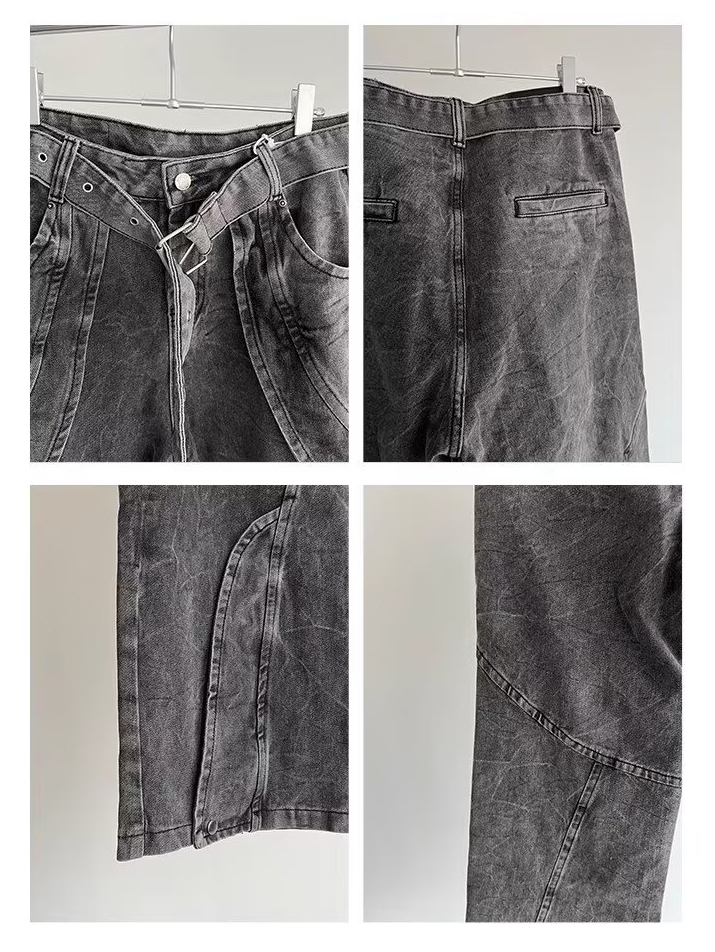 Vintage Heavy-Duty Deconstructed Patchwork  Washed Mid-Rise Straight-Leg Denim Pants