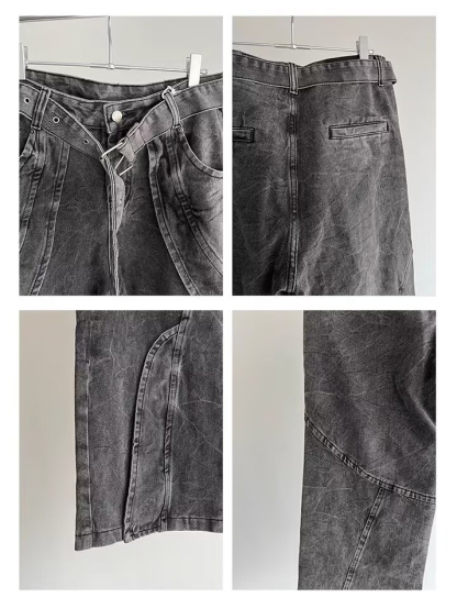 Vintage Heavy-Duty Deconstructed Patchwork  Washed Mid-Rise Straight-Leg Denim Pants