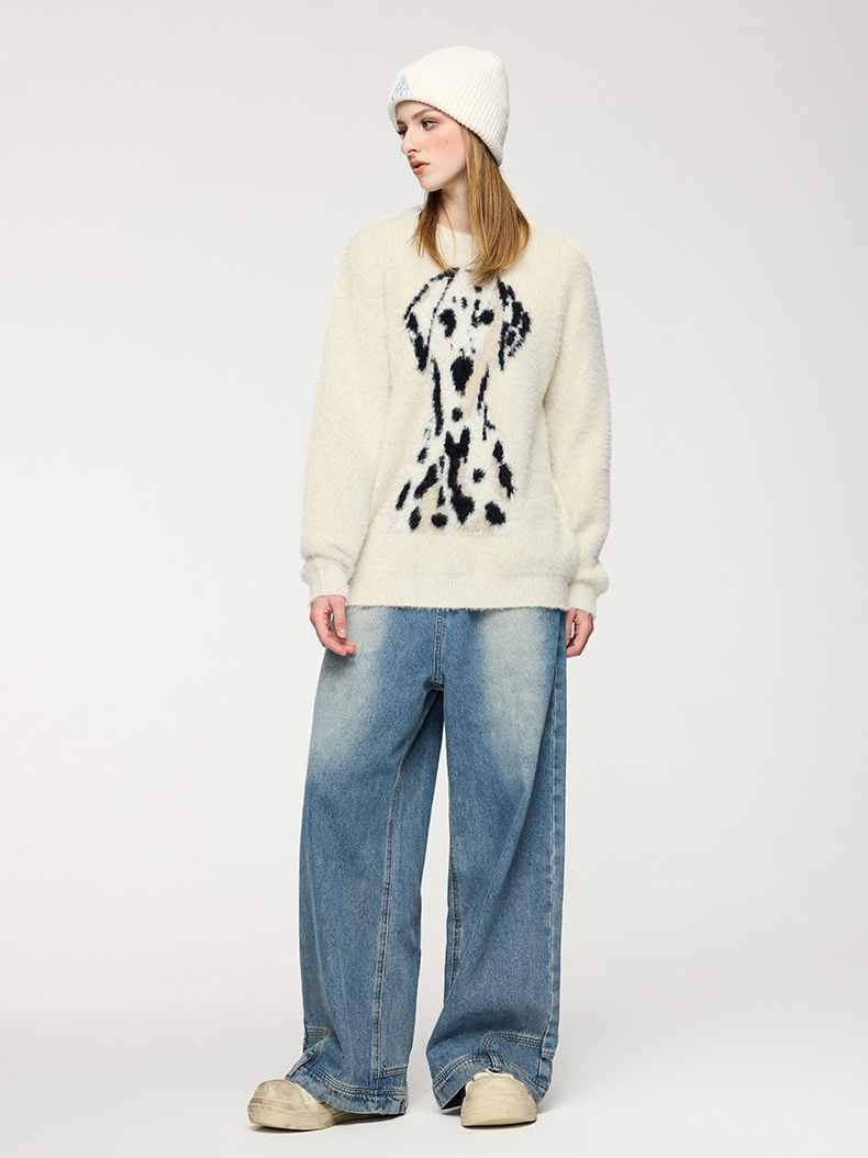 Spring Street Style Dog Embroidery Crewneck Vintage Sweater