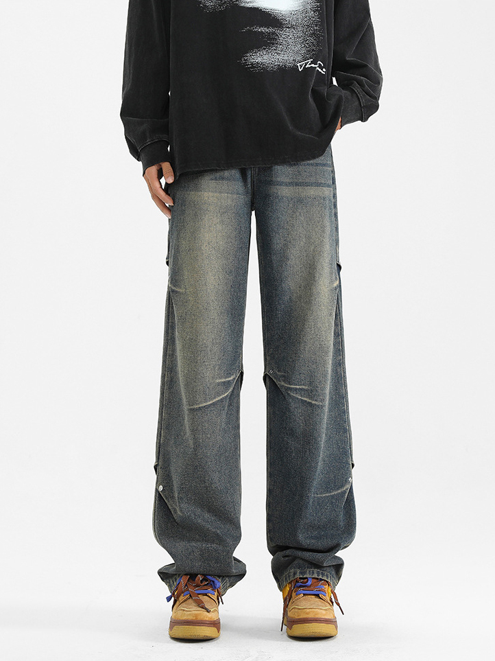 Rivet pleated design loose and versatile straight jeans