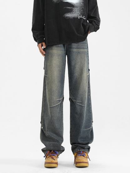 Rivet pleated design loose and versatile straight jeans