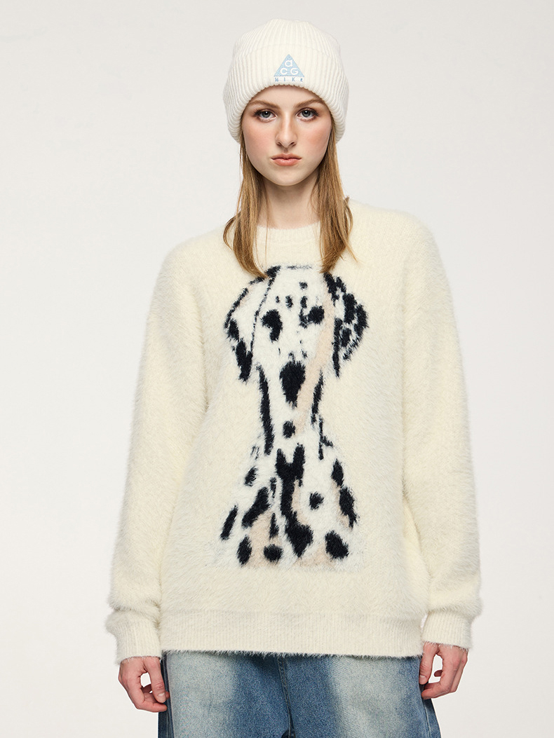 Spring Street Style Dog Embroidery Crewneck Vintage Sweater