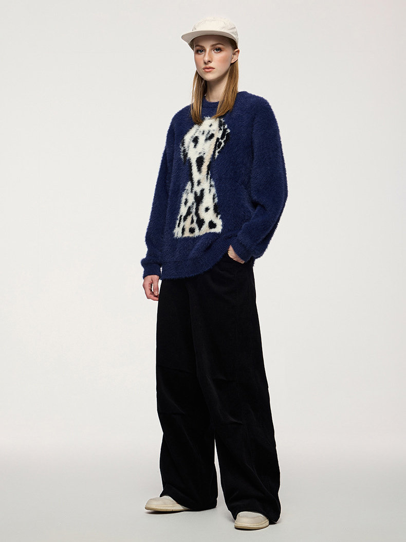 Spring Street Style Dog Embroidery Crewneck Vintage Sweater